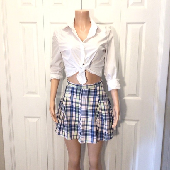 SO Juniors Navy Blue/Pink Plaid High Rise Pleated Flare Mini Skirt - Picture 1 of 8